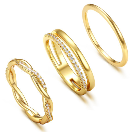 Roheafer 3 Pièces Bagues Femme Plaqué Or 14K Empilables Zircone Cubique - Ensemble de Bagues Minimalistes Alliance Fiançailles P