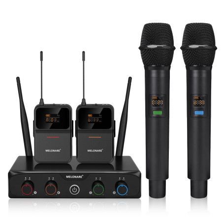 MELONARE Système Micro sans Fil UHF 4 canaux MWM-41-2H2B | 2 micros main, 2 bodypacks, micros casque/cravate, 4 x 10 fréquences,