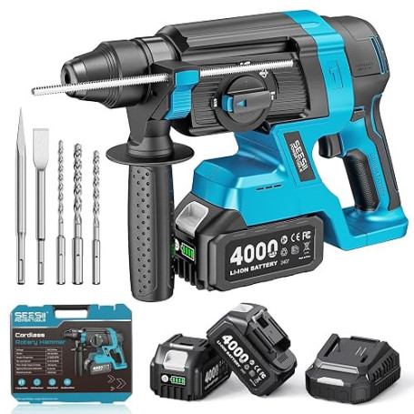 SEESII 2,8J Marteau Perforateur Sans Fil, SDS Plus, Multifonctionnel 4-en-1 | Perçage/ perçage à percussion/ burinage, 2 batteri