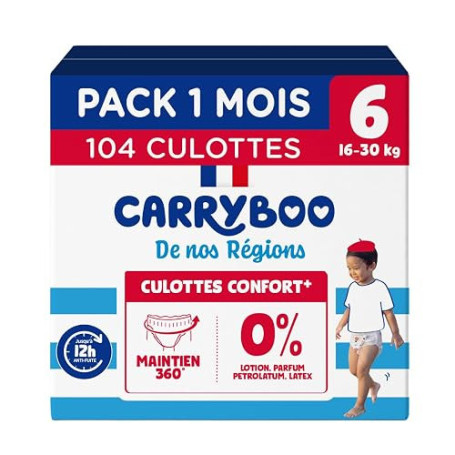Carryboo - 104 Culottes Taille 6 (16-30kg) - Saines et Ultra Absorbantes | Maintien 360° - Facile à enfiler - Fabriquées en Fran