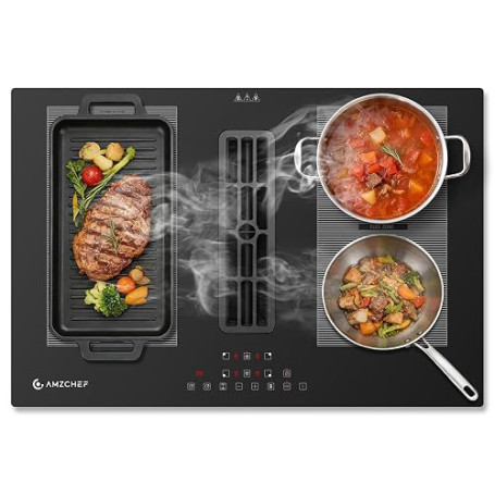 AMZCHEF Plaque Induction avec Hotte Intégrée, Plaque de Cuisson avec Hotte Encastrable, 4 Zones, 7200W, 650m³/h, Fonction Hob2Ho