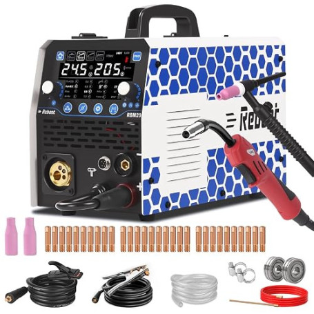 Reboot Poste à souder 205A 8-en-1 IGBT – MIG/MAG/MMA/TIG/ALU/Point | Gaz/sans gaz, Bobine dispo. Acier/Inox/Alu/Cuivre. TIG-Bren