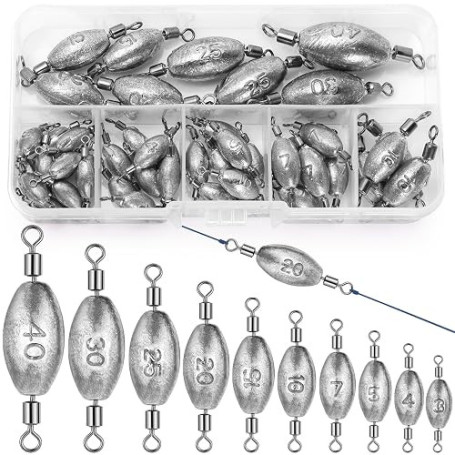 Annyswit 25/45 Pièces Plombs en Forme d'olive avec Emerillon de Pêche Truite Set 6/10 Tailles Anneaux Solides Poids de Pêche 3g