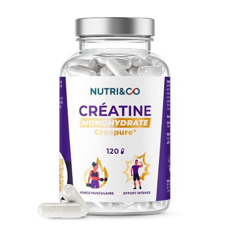 NUTRI&CO Créatine Monohydrate Creapure® 100% Pure | 120 gélules Neutre | 30 jours | Adaptés aux sportifs de haut niveau | Sans a