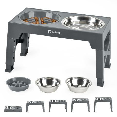 Gamelles Chiens Surélevées de 5 Hauteurs Ajustables, 2 Bols INOX, Gris | Gamelle Anti-glouton 0,8L, Bols Inox Durables, Amovible