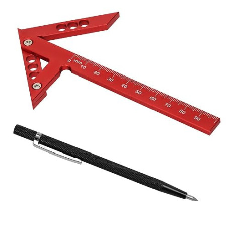 Équerre Centrage Aluminium 100mm, Repère de Centre pour le Bois, 45° et 90°, avec Pointe en Carbure de Tungstène, Alliage d'Alum