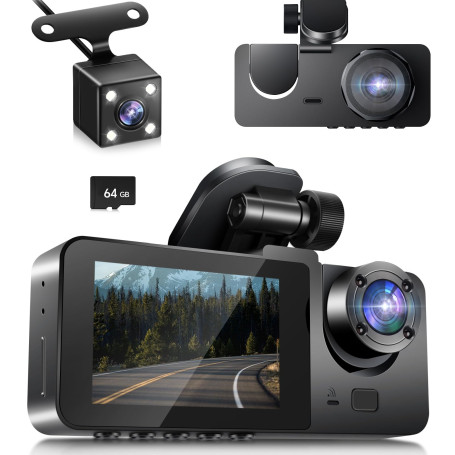 1080P Dashcam Voiture Avant et Arrière, 170° Grand Angle 3 Canaux avec Fil, SD 64GB Inclus, Vision Nocturne & Étanche, Enregistr