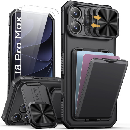 Vihibii Coque pour iPhone 18 Pro Max avec 2 Pièces Protection D'écran, Noir | Porte Carte, Support Réglable, Protection de l'obj