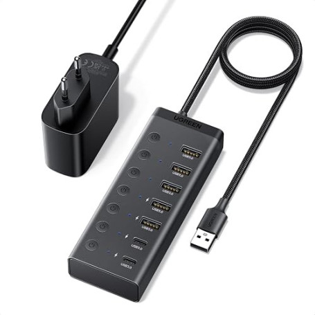 UGREEN Hub USB-A 7 en 1 Alimenté avec Interrupteurs, Câble de 100 cm | Multiprise USB avec 5 ports USB-A + 2 USB-C, 5 Gbps, alim