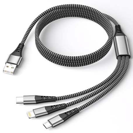 3 en 1 Câble Multi USB, Cable Chargeur Multi Embout 1.2M Nylon Tressé Cable Universel avec Micro USB Type C Lightning Connecteur