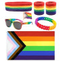 PHOGARY 6PCS LGBTQ Ensemble de Cape de Drapeau de la Fierté Gay, Y compris Drapeau Arc-en-Ciel Bandeau Bracelets Lunettes de Sol