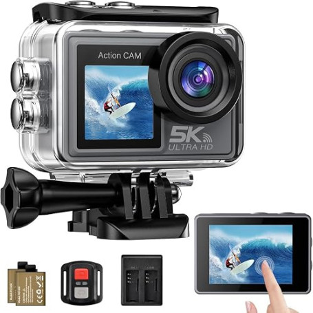Ruycllo Caméra Sport 5K/4K, 50MP Caméra d'action, 30M/98FT Camera Étanche- Stabilisation EIS, Grand Angle 170°, WiFi Camera Casq