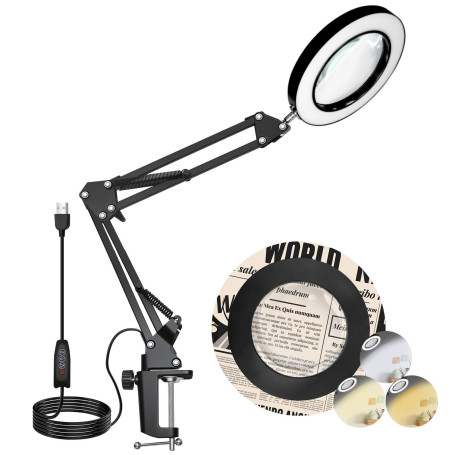Loupe avec éclairage Et Support, Loupe LED 10x avec Pince, Loupe de Table, 3 Modes de Couleur Et Intensité Lumineuse Réglable, I
