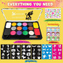 Mekkyes Palette Maquillage Enfant - 16 Couleurs Peinture Corporelle pour Le Visage avec 4 Grandes Couleurs, 52 Pochoirs et 1 Aut