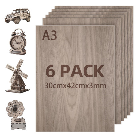 Lot de 6 Contreplaqué Noyer 3mm A3,300 x420mm Panneau Feuille Découpe Laser | Planche Bois pour Pyrogravure, Gravure, projet de 
