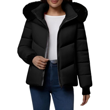 Doudoune Femme Hiver avec Capuche Fourrure Manteau Femme Courte Chaud | Veste Doudoune Matelassée Femmes Casual Puffer Jacket Pa