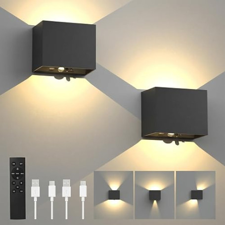 T-SUN 2 Pièces Applique Murale à Détecteur de Mouvement avec Télécommande, 3 Modes Rechargeable Lampe Murale Sans Fil, Applique