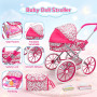 deAO Kit Poussette pour poupée avec Poupée 31cm, 2 Tenues et Chaise Haute | Kit Jeu de Poupée Accessoires avec Sac, Biberon Pot 