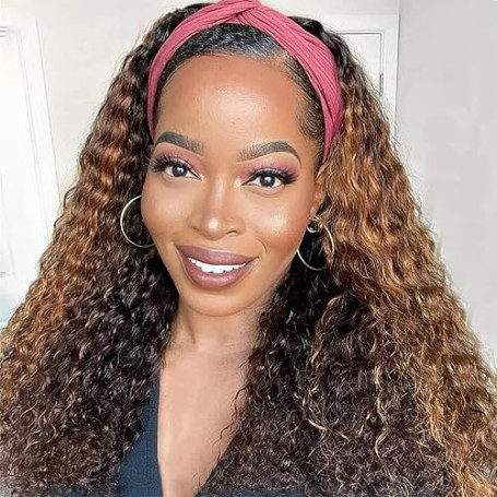 Perruque Bandeau Cheveux Humain Deep Wave Headband Wig P4/27 22 Pouces | Perruque Bresilienne Bouclée No Lace Front Headband Wi