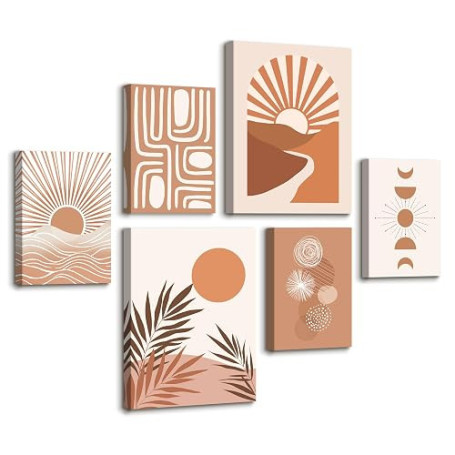 6 Sets of Boho Terracotta Soleil Botanique Tableau Decoration Murale Encadre, Géométrie Lignes Impression sur toile Abstrait Pay
