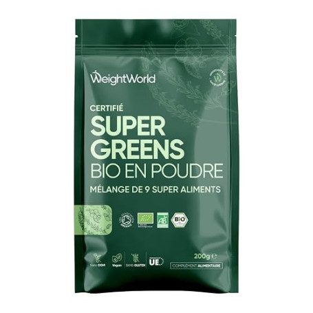 Super Green Poudre Bio 200g 40 Portions 9 Superfood Greens, Matcha Bio, Poudre de Maca, Guarana, Chlorella Bio, Baobab, Herbe de