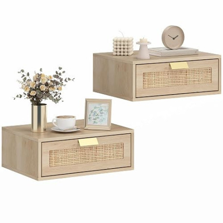 HOMCOM Lot de 2 Tables de Chevet Murales avec Tiroir Chêne | Tables de Nuit Suspendues, Effet Rotin, Style Bohème, pour Chambre