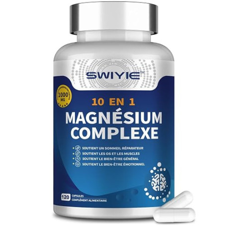 SWIYIE Complexe de Magnésium 10 en 1, 163 mg de Magnésium Élémentaire, Bisglycinate, Citrate, Malate, Taurate, L-Lysinate, 120 G
