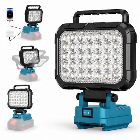 Lampe LED Rechargeable pour Batterie Makita 18V, 4800LM, Double Port USB | Projecteur LED Chantier Portable Réglable à 180° Pour