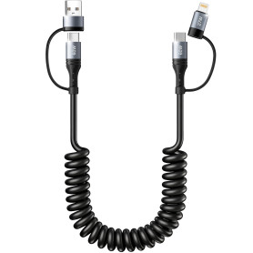 Câble USB C Pour Voiture Spirale,60W Cable USB C vers USB C Charge Rapide | Câble USB vers USB C et Lightning 2 en 1 [1.2M] Cabl