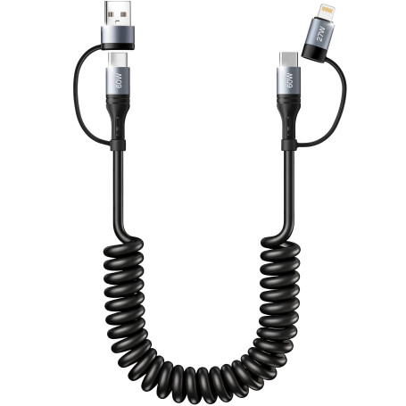 Câble USB C Pour Voiture Spirale,60W Cable USB C vers USB C Charge Rapide | Câble USB vers USB C et Lightning 2 en 1 [1.2M] Cabl