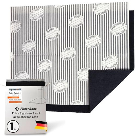 FilterBase® Filtre à charbon actif pour hotte aspirante | Pack individuel | Filtre à graisse plat + filtre à charbon pour hotte