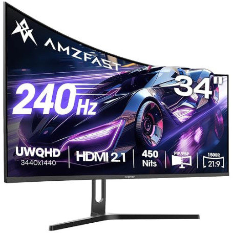 Amzfast Écran PC Gamer 34 Pouces 240Hz/UWQHD Moniteur Incurvé 3440x1440 (21:9), 450 nits, Eyes Care, sRGB 131%, Adaptive Sync, H