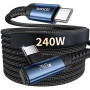 toocki Cable USB-C 240W 3M, Charge Rapide, Câble Type-C Coudé, Nylon, Bleu | PD3.1 Recharge rapide, 480Mbps, Angle Droit, Tressé