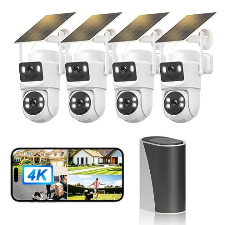 4K Camera Surveillance WiFi Exterieure sans Fil,4 Cam-Kit avec Home Station/Double Objectif/Camera Solaire,360° PTZ Sécurité à D