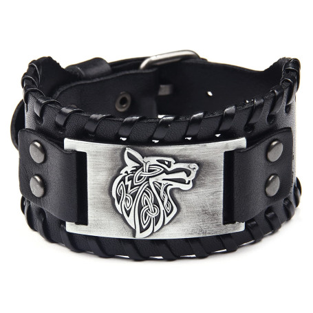Bracelet en cuir large noir Antique argent tête de loup motif bracelet bracelets manchette vintage pour hommes et femmes