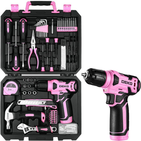 DEKO Caisse a Outil Rose avec Perceuse Visseuse Multifonction Sans Fil 8V, 126 Pièces Malette Outils complete, Ensemble d'Outils